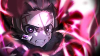 Tanjiro Kamado in a fierce battle, surrounded by swirling crimson energy, showcasing determination and strength.