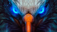 Intense close-up of a majestic eagle with striking blue eyes and a powerful beak, showcasing intricate feather details.