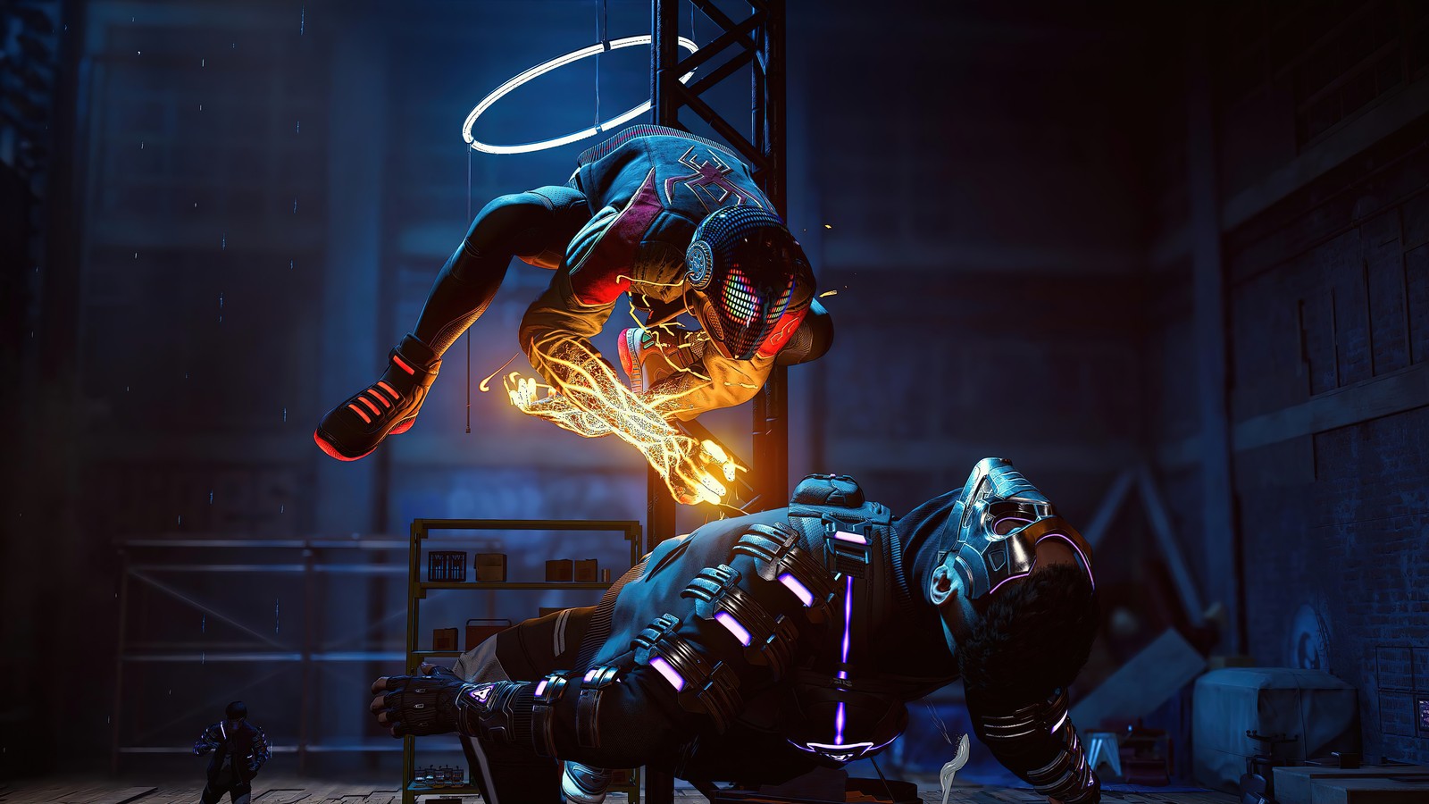 Мужчина в костюме прыгает через робота (marvels spider man miles morales, playstation 5, ps5, ps4, видеоигра)