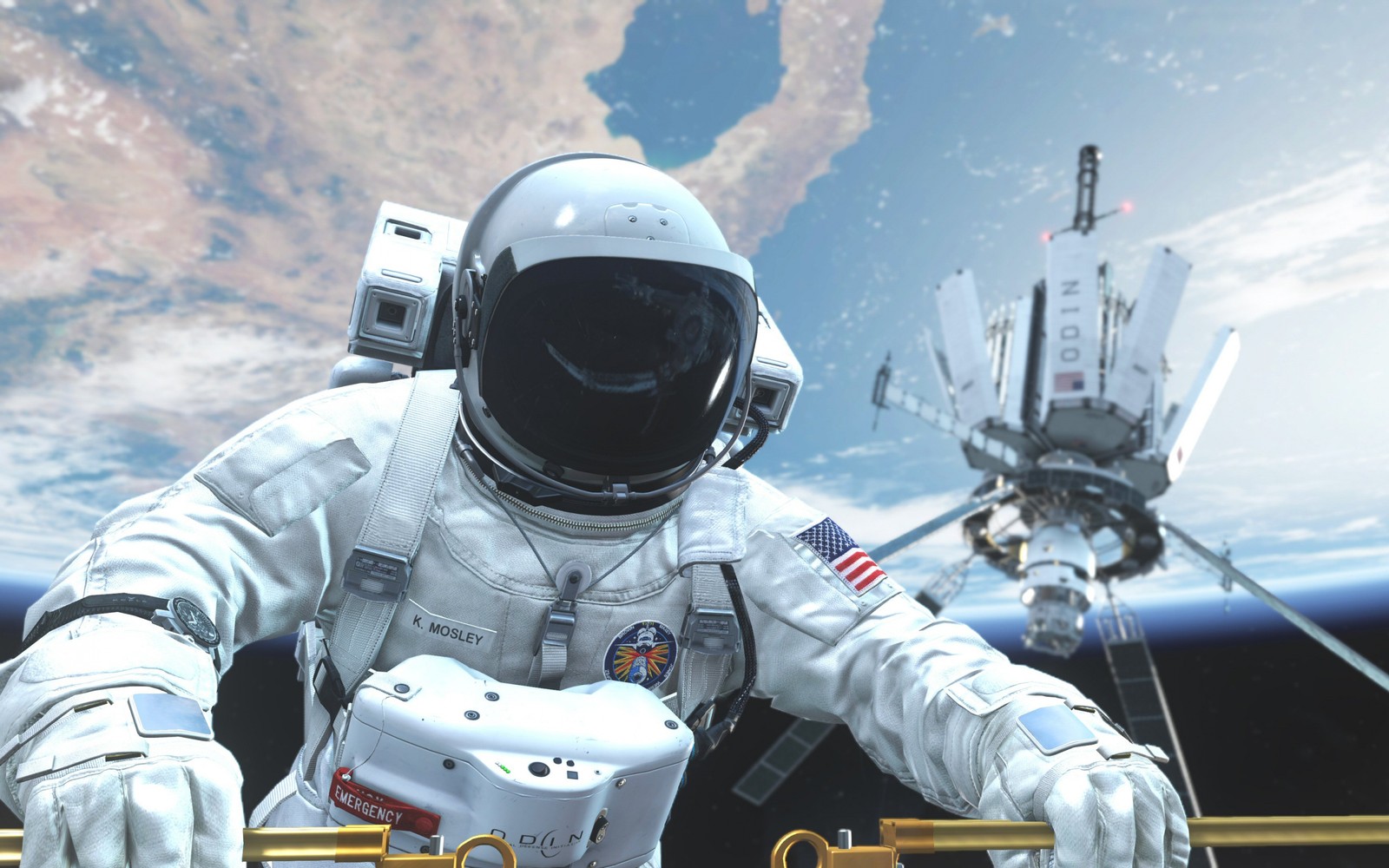 Astronaut in space suit with space station in background (call of duty ghosts, astronaut, helmet, space, outer space)