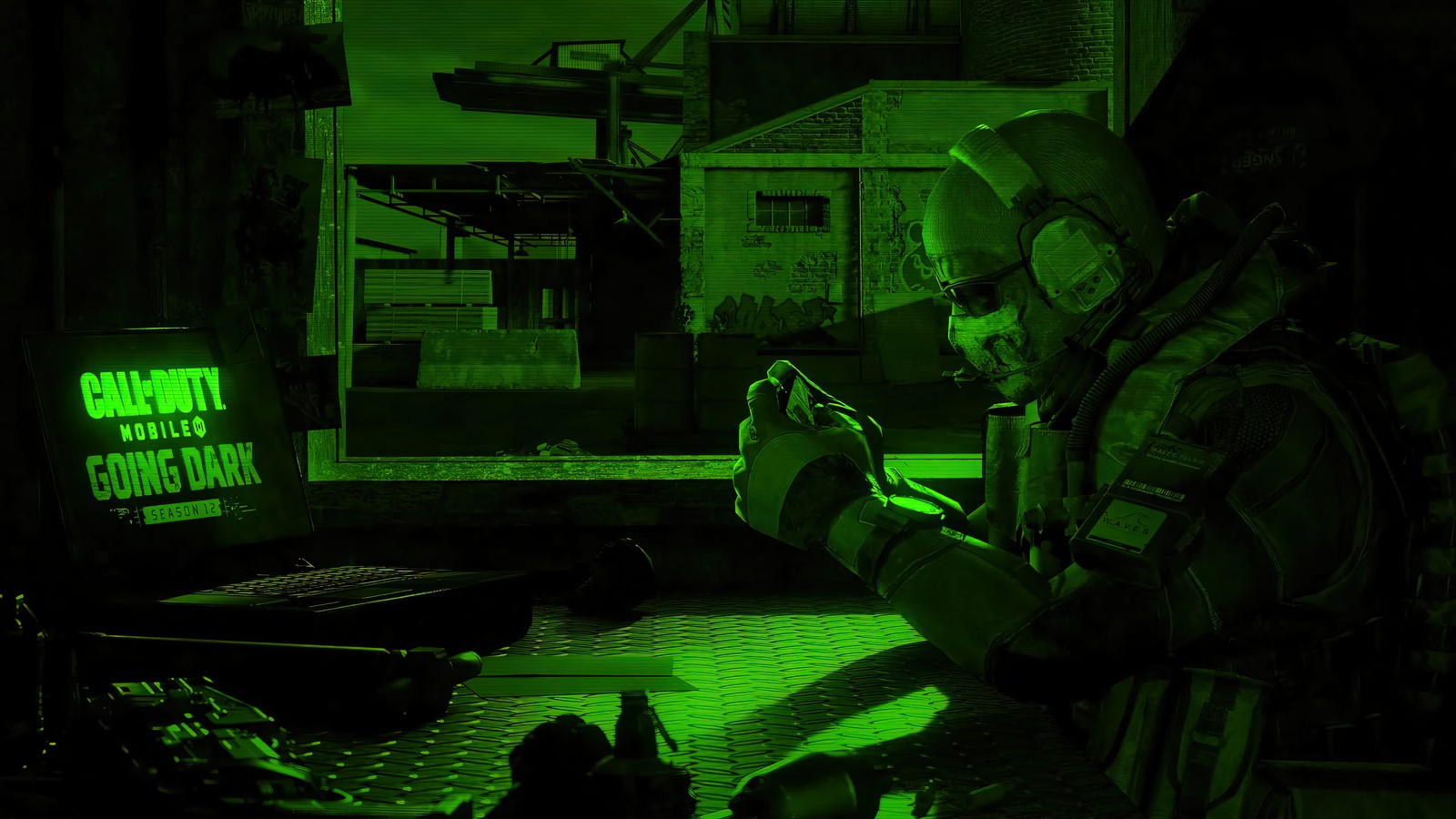 Arafed soldier in front of a computer screen with a green light (codm, call of duty mobile, video game, call of duty, lofi)