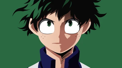 Izuku Midoriya: Minimalistisches Anime-Porträt auf grünem Hintergrund