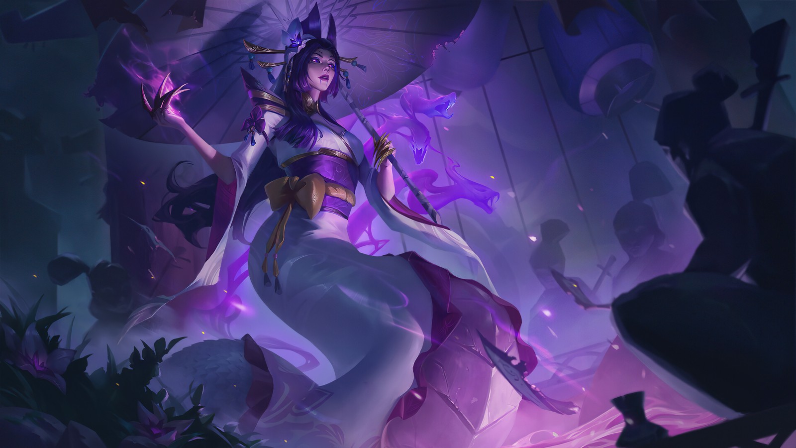 Uma mulher em um vestido roxo segurando um guarda-chuva em uma floresta (cassiopeia, flor espiritual, arte, league of legends, lol)