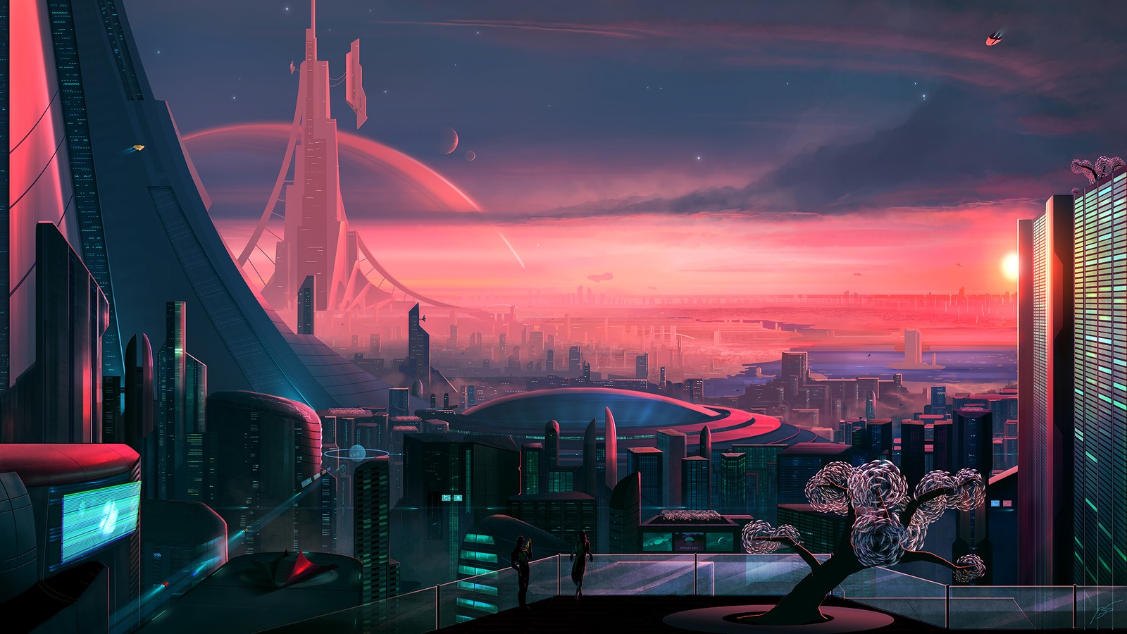 Eine sicht auf eine futuristische stadt mit einem futuristischen turm im hintergrund (sci fi, stadt, landschaft, digitale kunst)