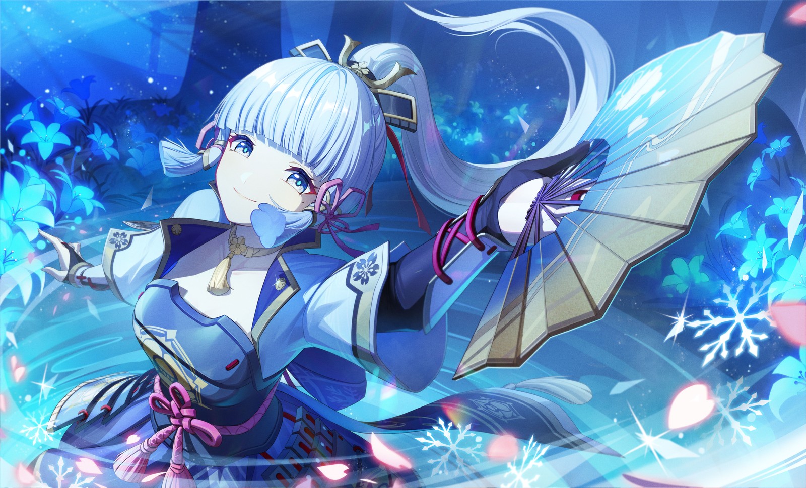 A woman in a blue dress holding a bat in a snowy forest (kamisato ayaka, genshin impact, 2022 games, 5k, games)