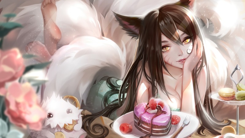 Аниме-девочка с тарелкой пирога и кошкой (ахри, ahri, league of legends, lol, видеоигра)