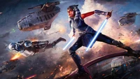 Ahsoka Tano wields dual lightsabers in a dynamic battle against Mandalorians amidst a chaotic starship conflict.