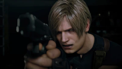 Leon S. Kennedy em um momento tenso, mirando sua arma em Resident Evil 4 Remake.