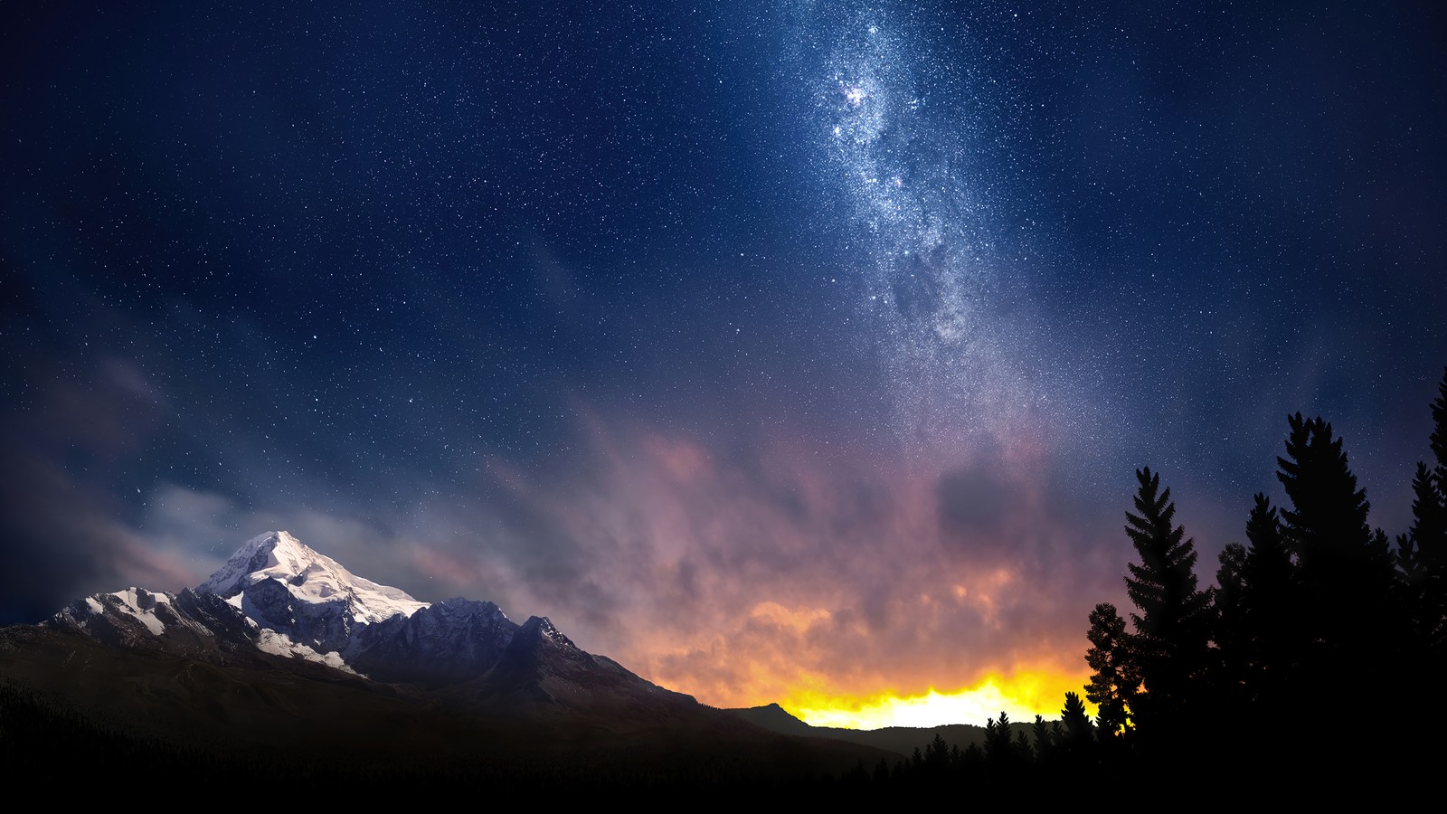 Une vue d'une montagne avec un ciel rempli d'étoiles (montagne, montagnes, lever de soleil, étoilé, étoiles)