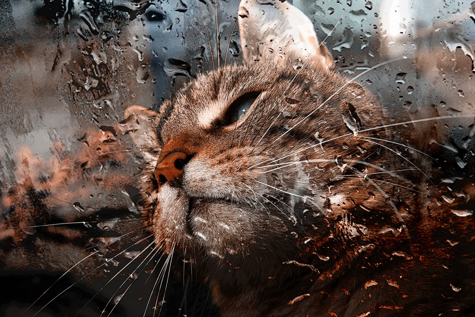 There is a cat that is looking out of a window (cat, whiskers, snout, wildlife, felidae)