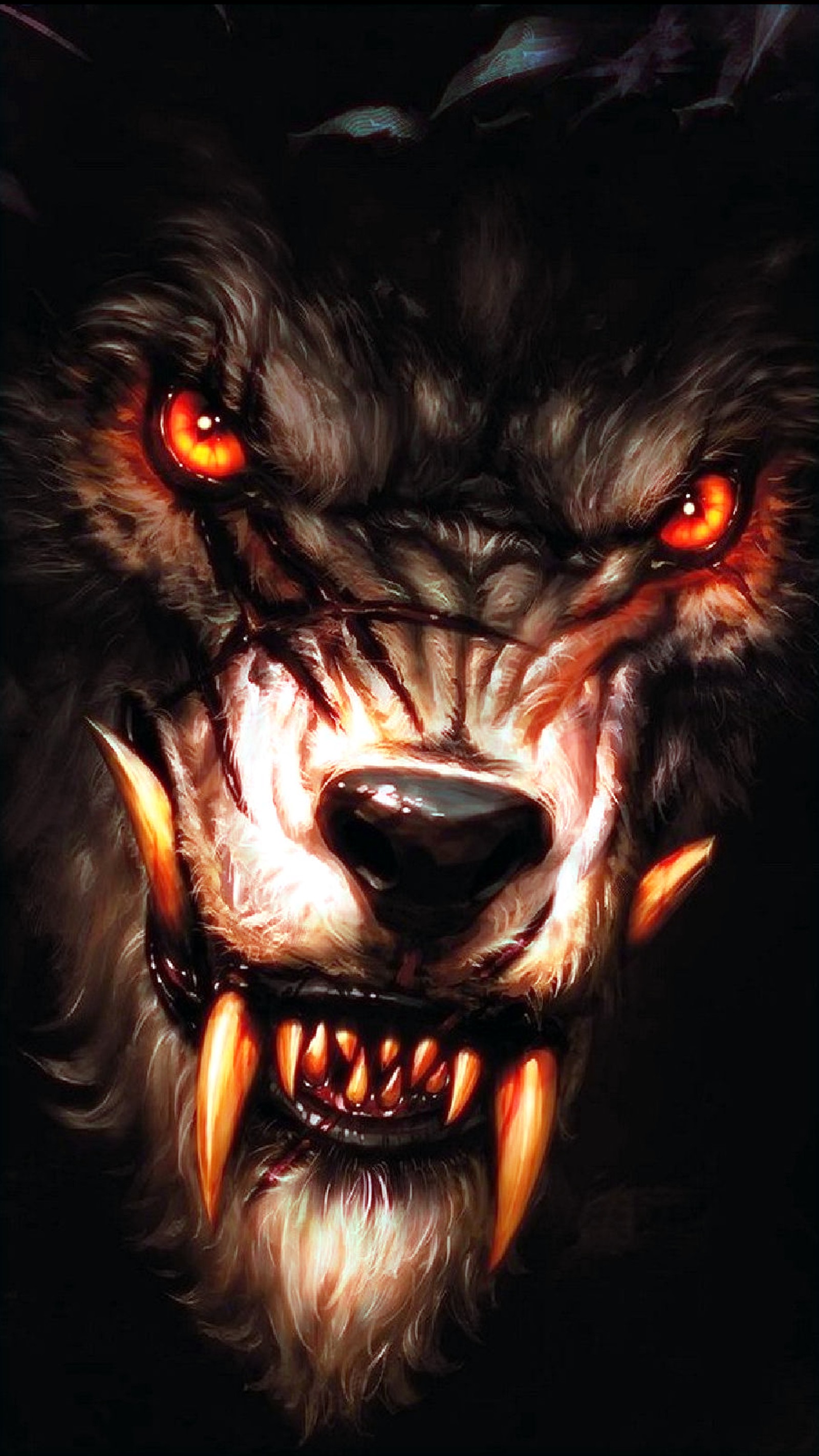 A close up of a wolf with red eyes and fangs (loup, wolf)