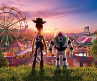 Woody e Buzz Lightyear no pôr do sol do carnaval