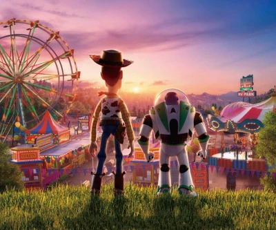 Woody y Buzz Lightyear en el atardecer del carnaval