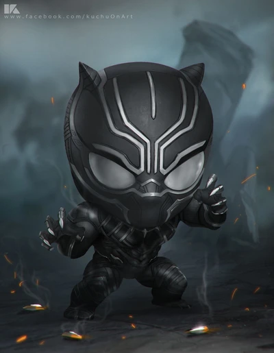 Chibi-style Black Panther in a dynamic pose amidst a dramatic background.