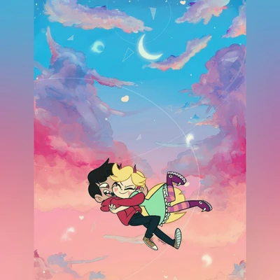 Star Butterfly and Marco Diaz's Magical Embrace Under a Dreamy Sky