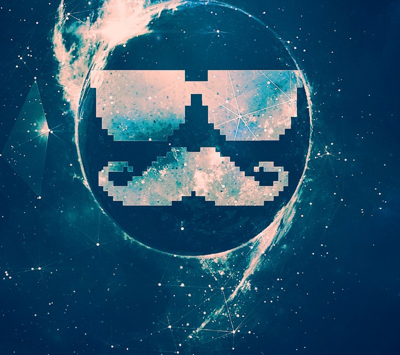 Un primer plano de una cara pixelada con un fondo espacial (mostache, bigote)