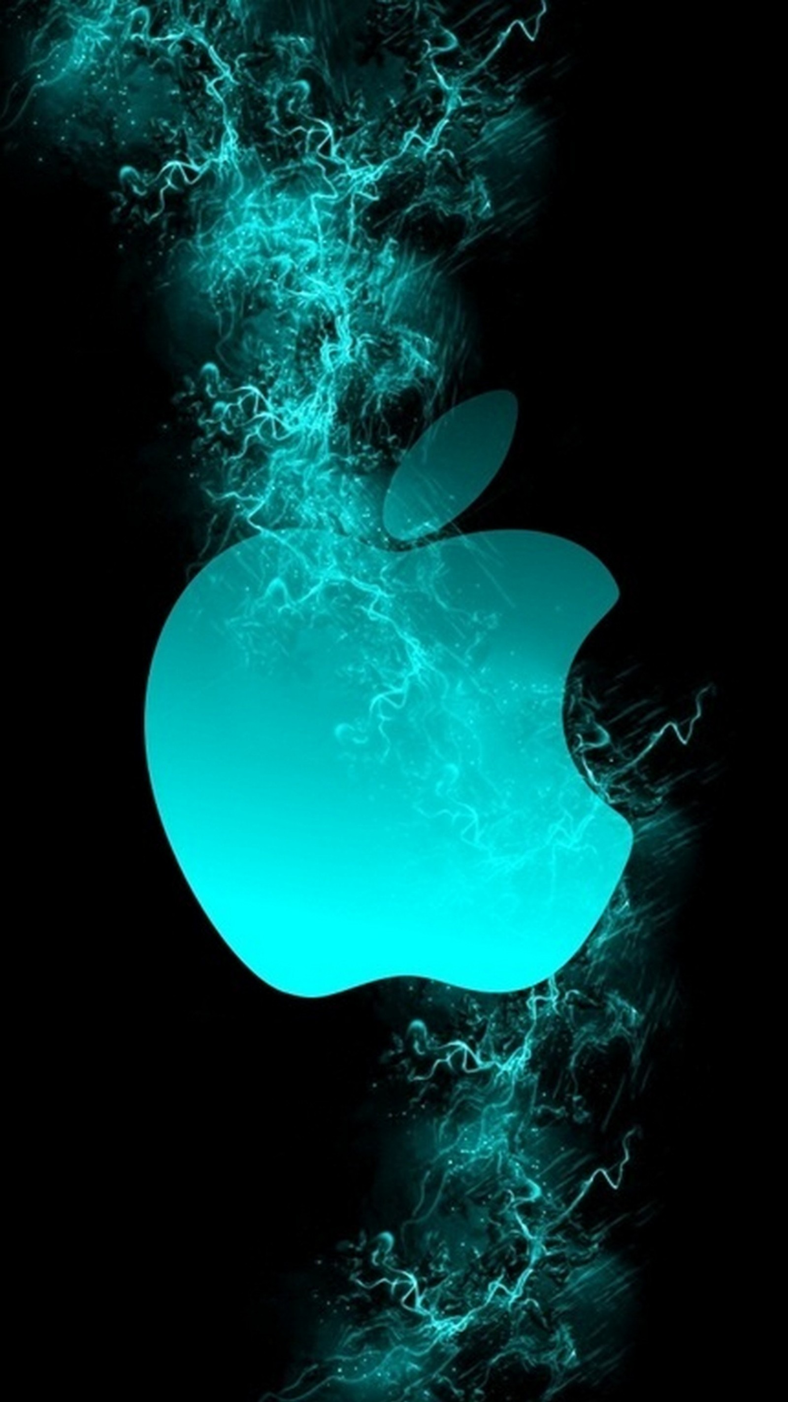 Un primer plano de un logotipo da apple azul sobre un fondo negro (manzana, logotipo, humo)