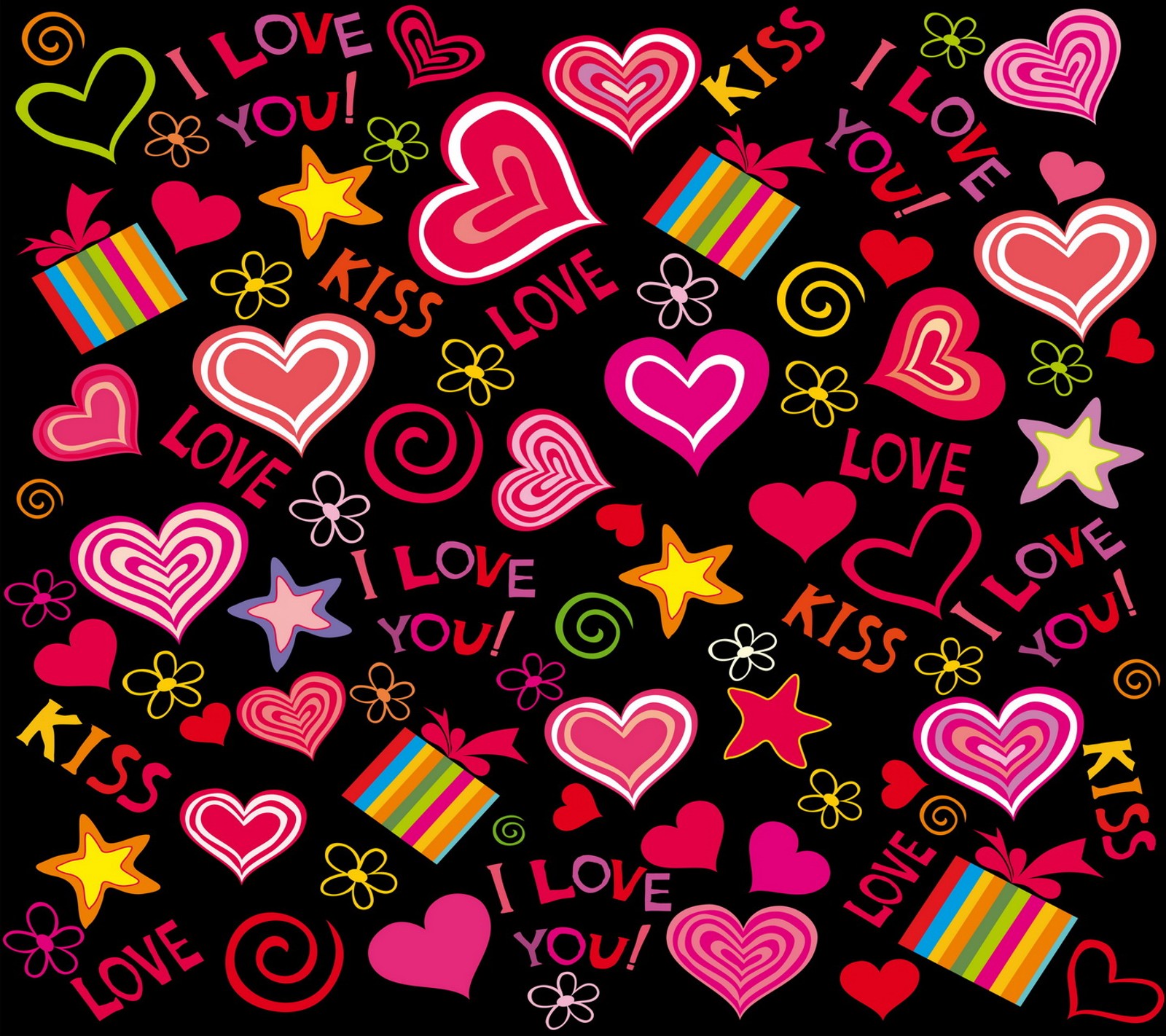 A close up of a bunch of hearts and stars on a black background (heart, love, romantic)