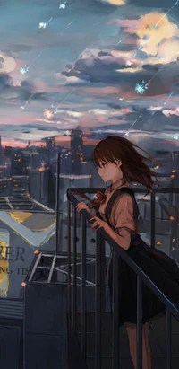 Chica de anime mirando un paisaje urbano lluvioso al anochecer