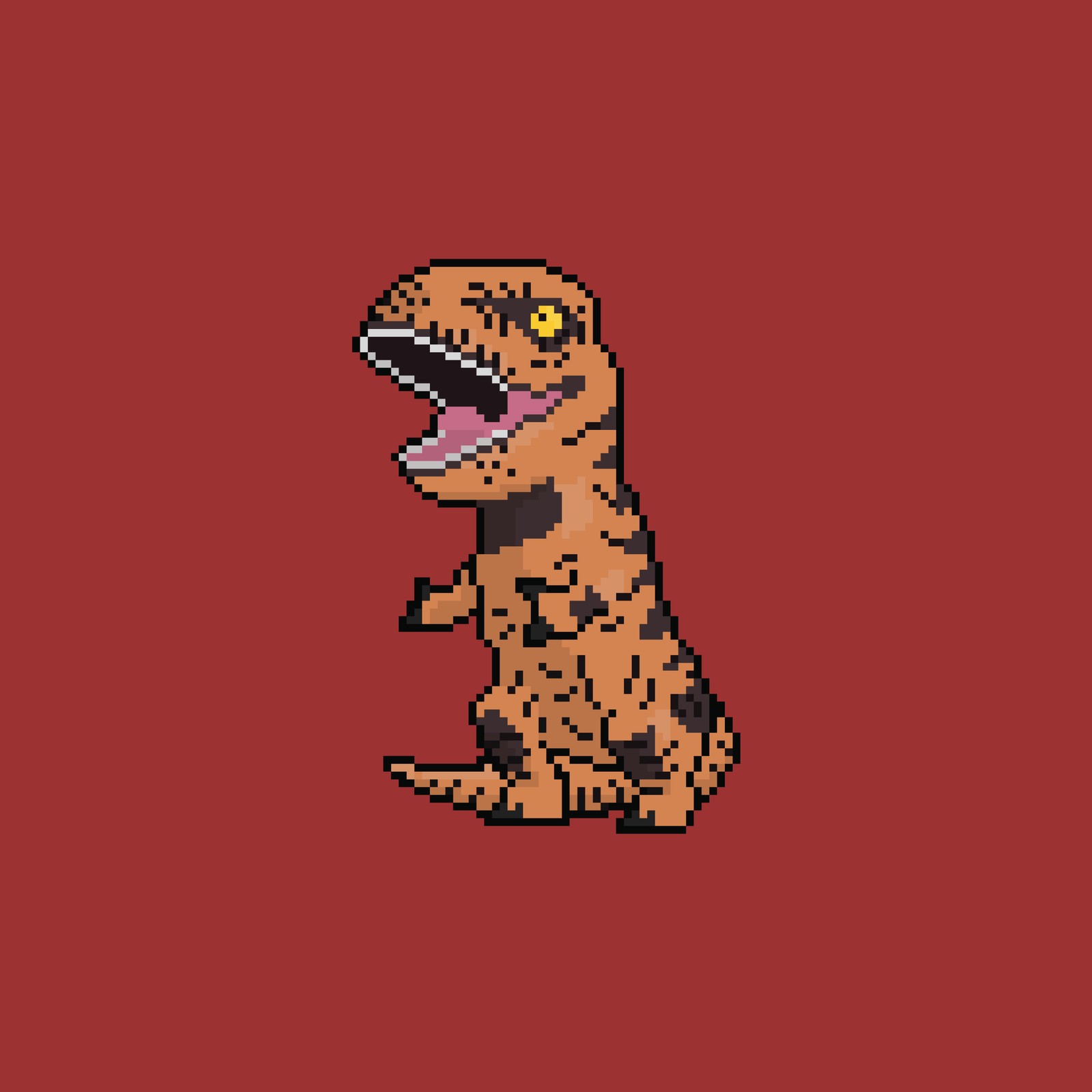 Un primer plano de un dinosaurio pixelado con un fondo rojo (dinosaurio, piel, t rex, traje)