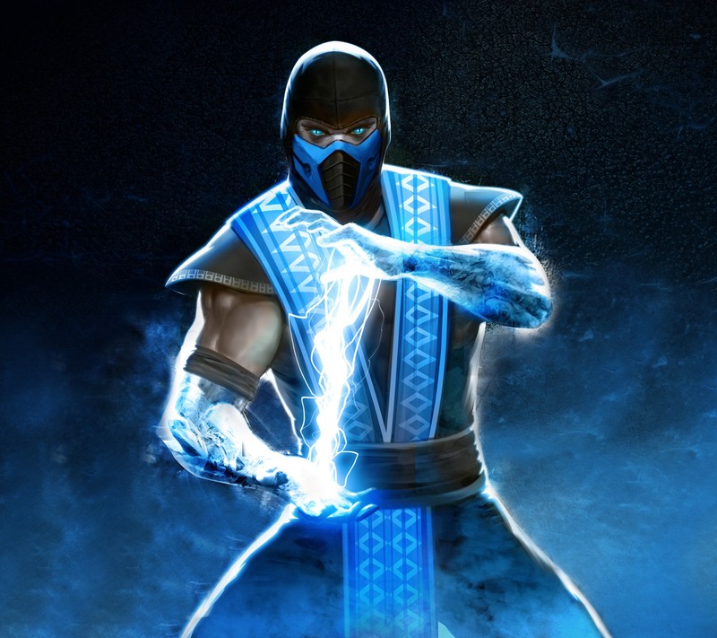 Близкий план мужчины в синем костюме, держащего молнию (мк, mk, mortal kombat, sub zero)