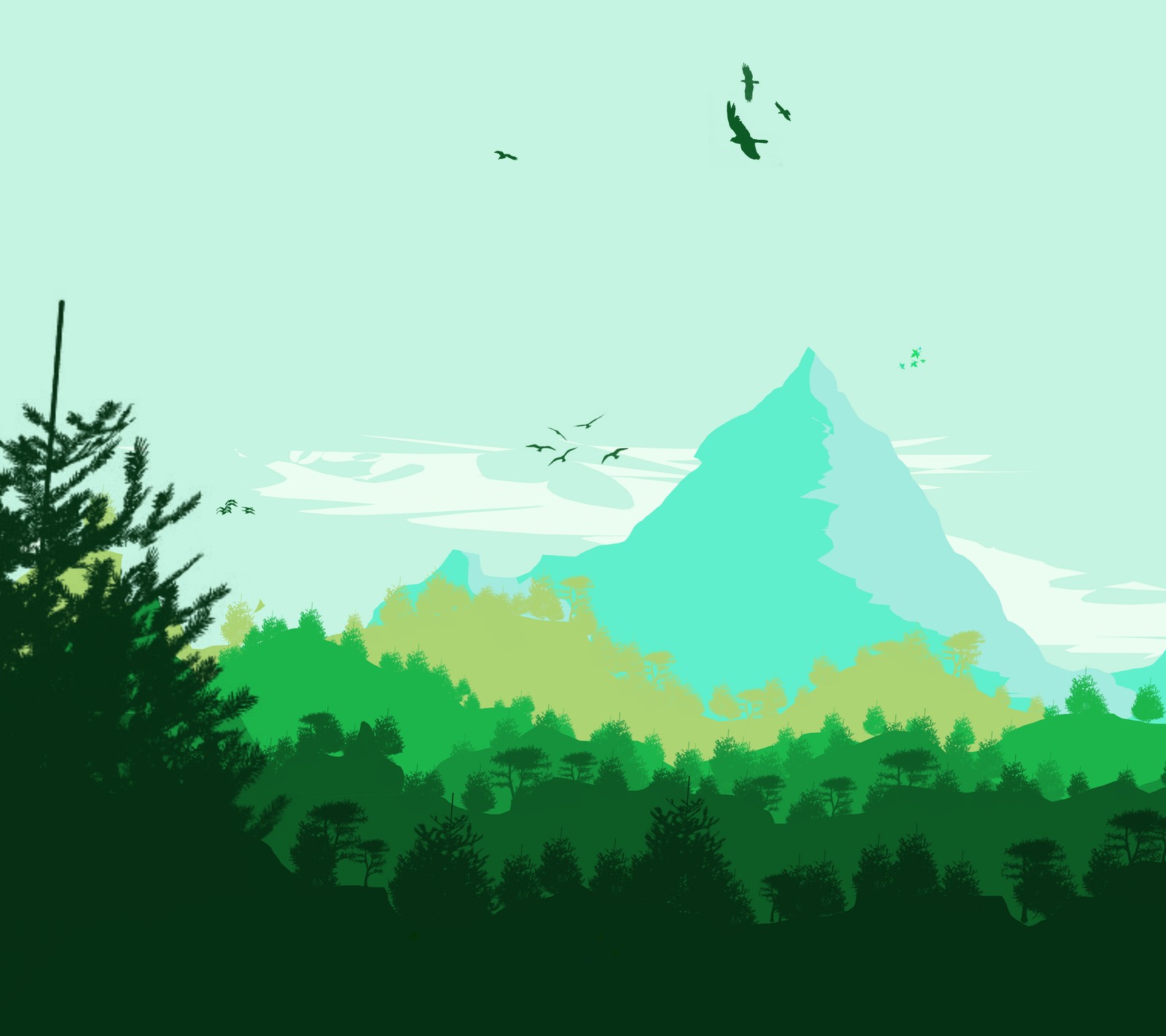 There are birds flying over a mountain with trees and a sky background (abstract, green, minimal, minimalist, mountain)