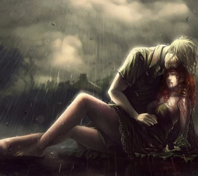 A poignant embrace in the rain, capturing love and sorrow amidst a backdrop of anime-style artistry, with elements of blood and sadness.