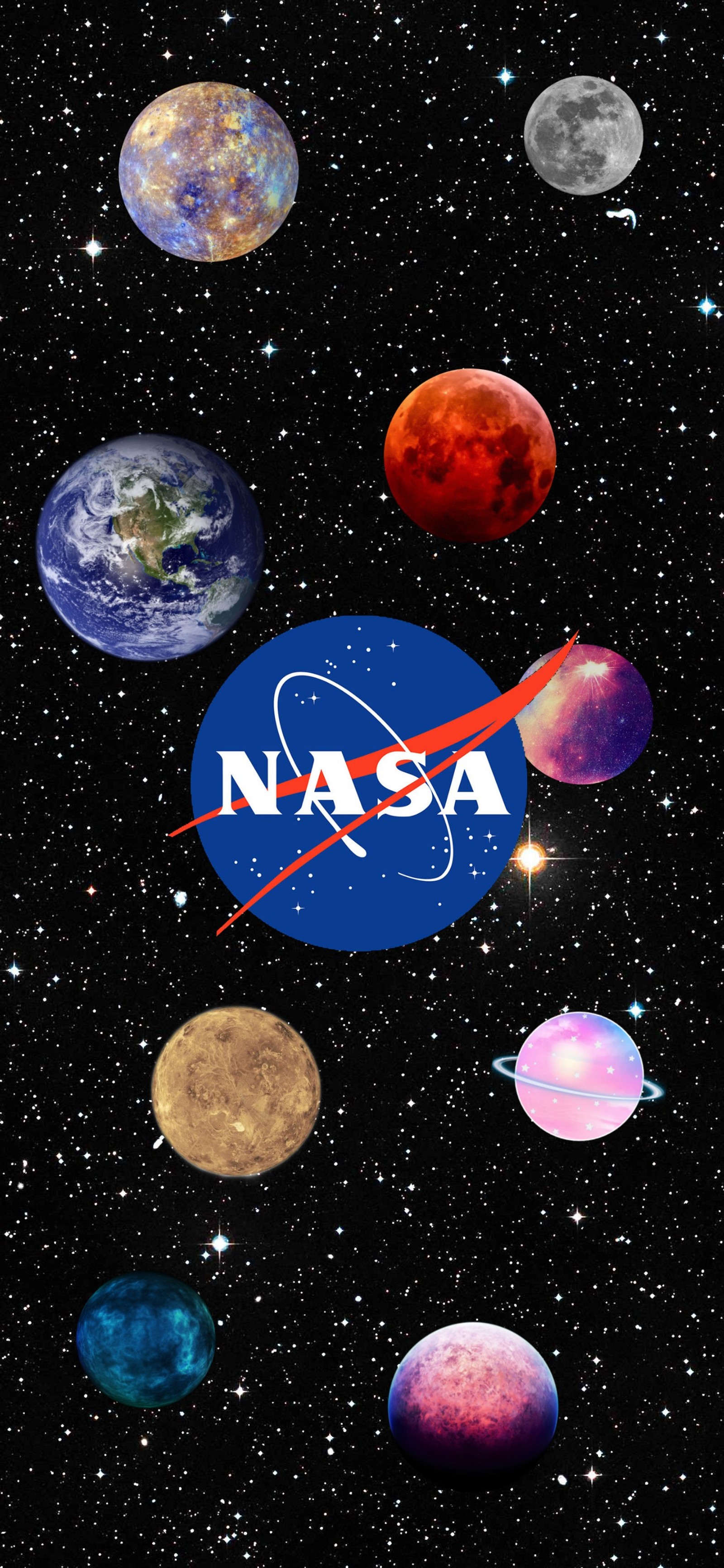 Nahaufnahme des nasa-logos, umgeben von planeten und sternen (außerirdischer, erde, mond, nasa, planet)