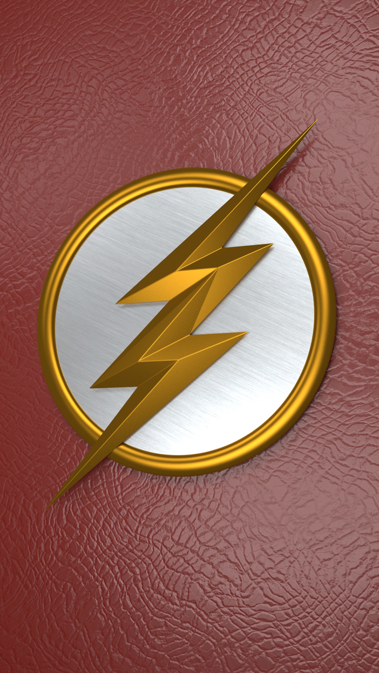 A close up of a flash symbol on a red leather surface (design, flash, leather, logo)