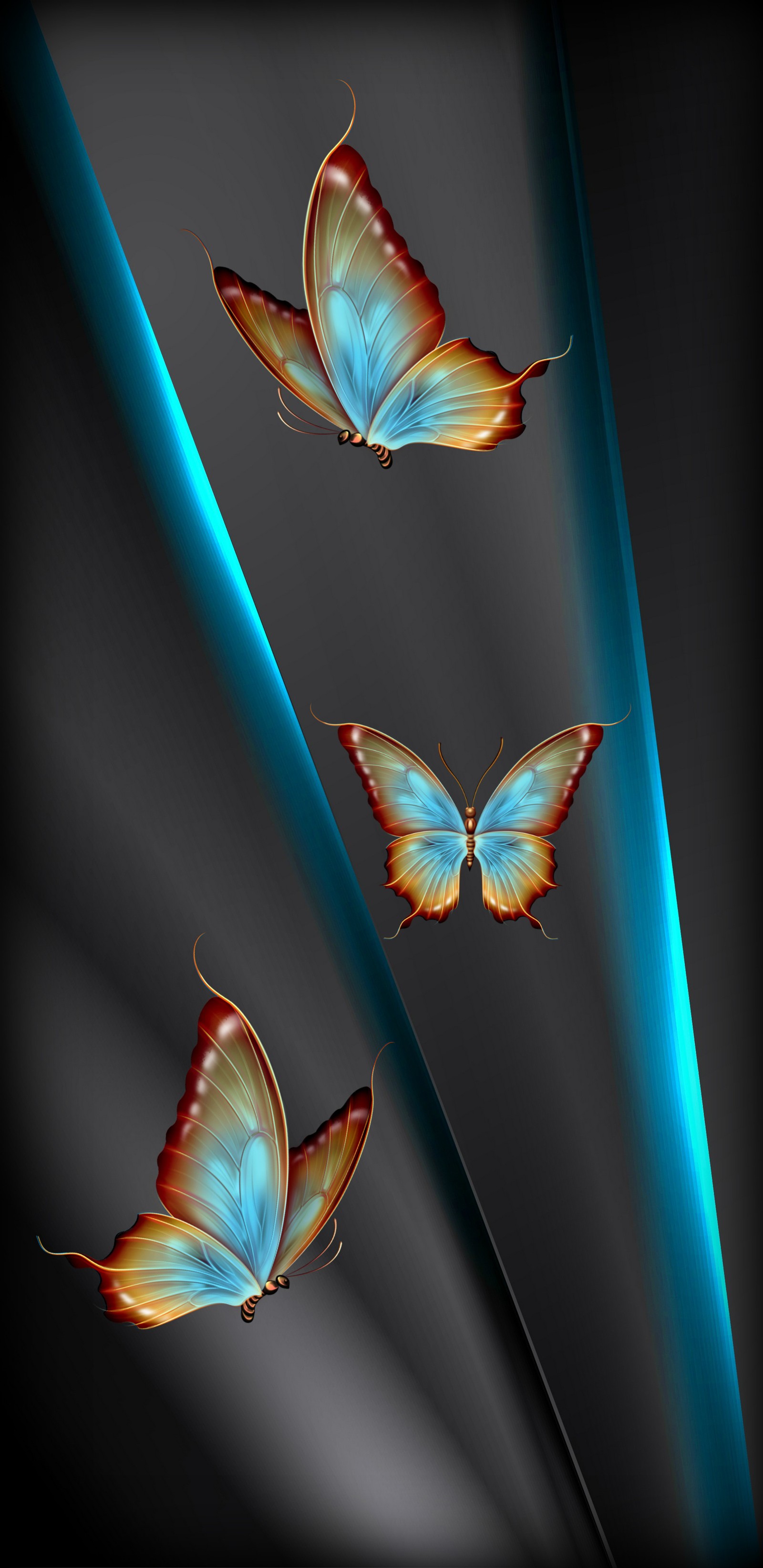 Butterflies flying in the air on a black background (art, blue, butterflies, design, fantasy)