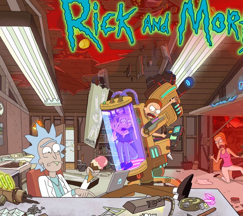 Рик и морти в комнате с компьютером и неоновым знаком (morty, rick, season3)