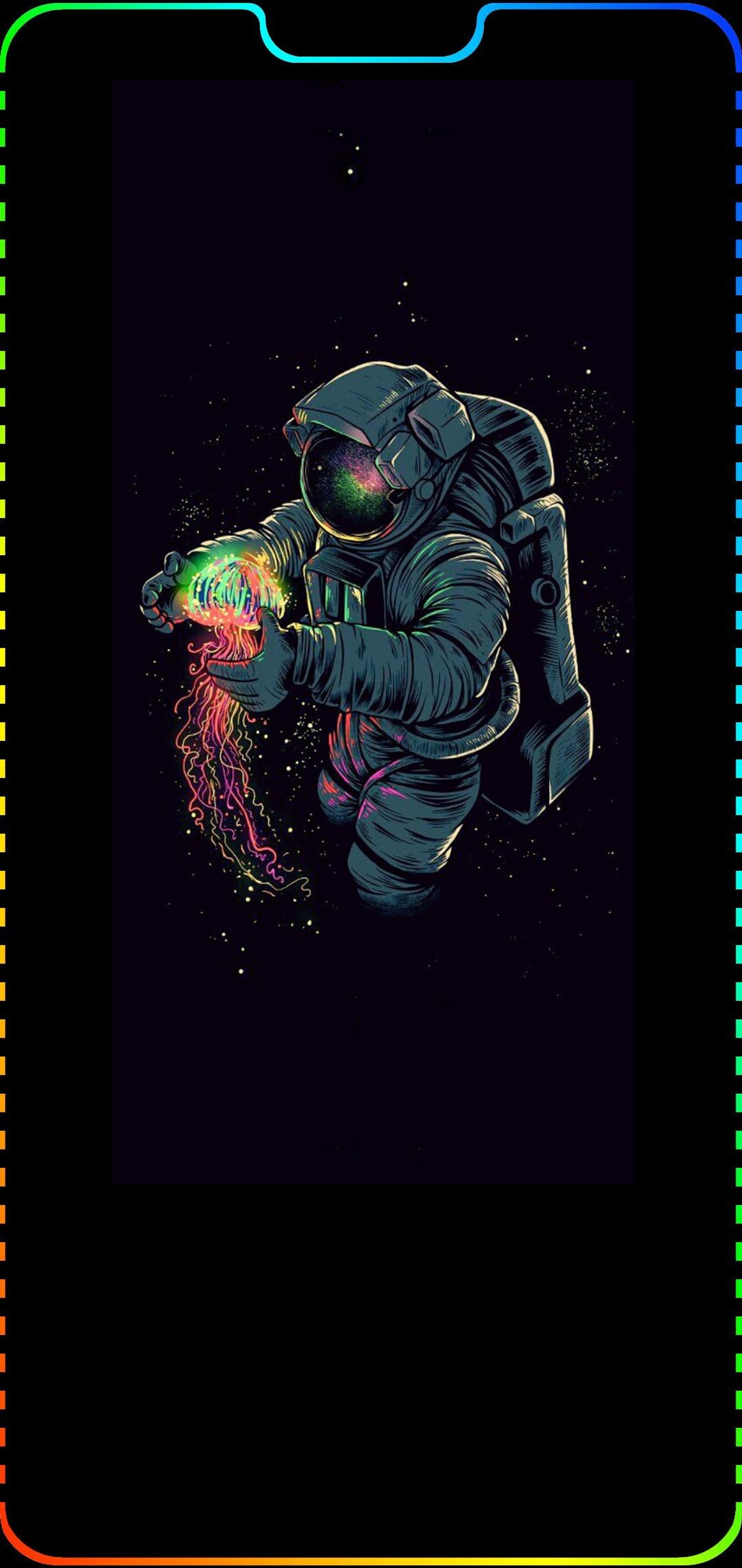 Un primer plano de una persona en un traje espacial sosteniendo pintura arcoíris (astronauta, p20, p20 lite, notch)