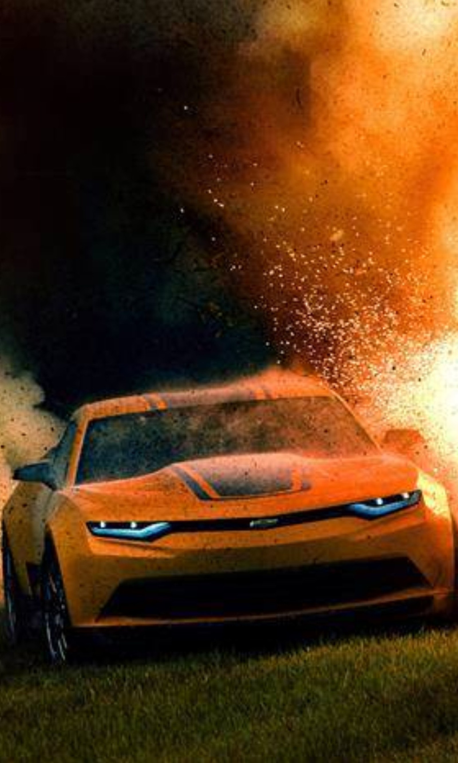 A close up of a car with a fire in the background (action, bumblebee, camaro, hero, movie)