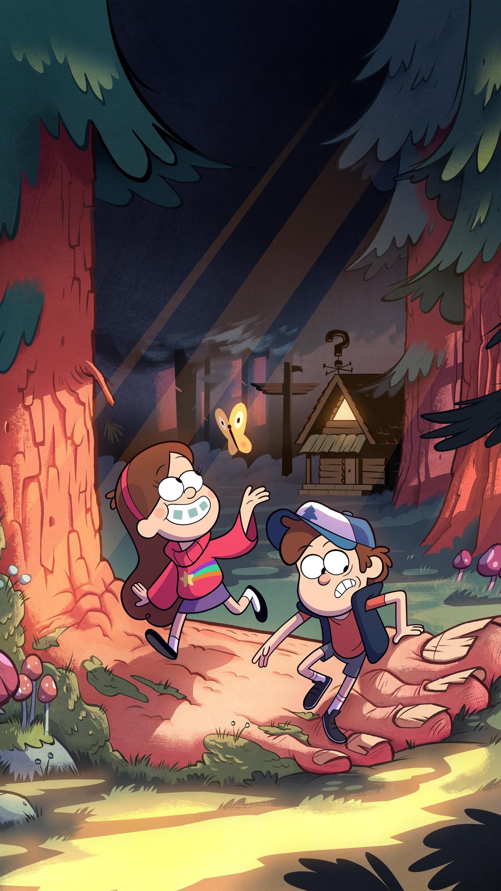 Personajes de dibujos animados en un bosque por la noche con un pájaro (caricatura, disney, gravity falls)