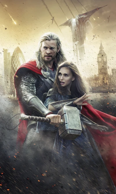 Thor et Jane Foster au milieu d'un ciel londonien sombre