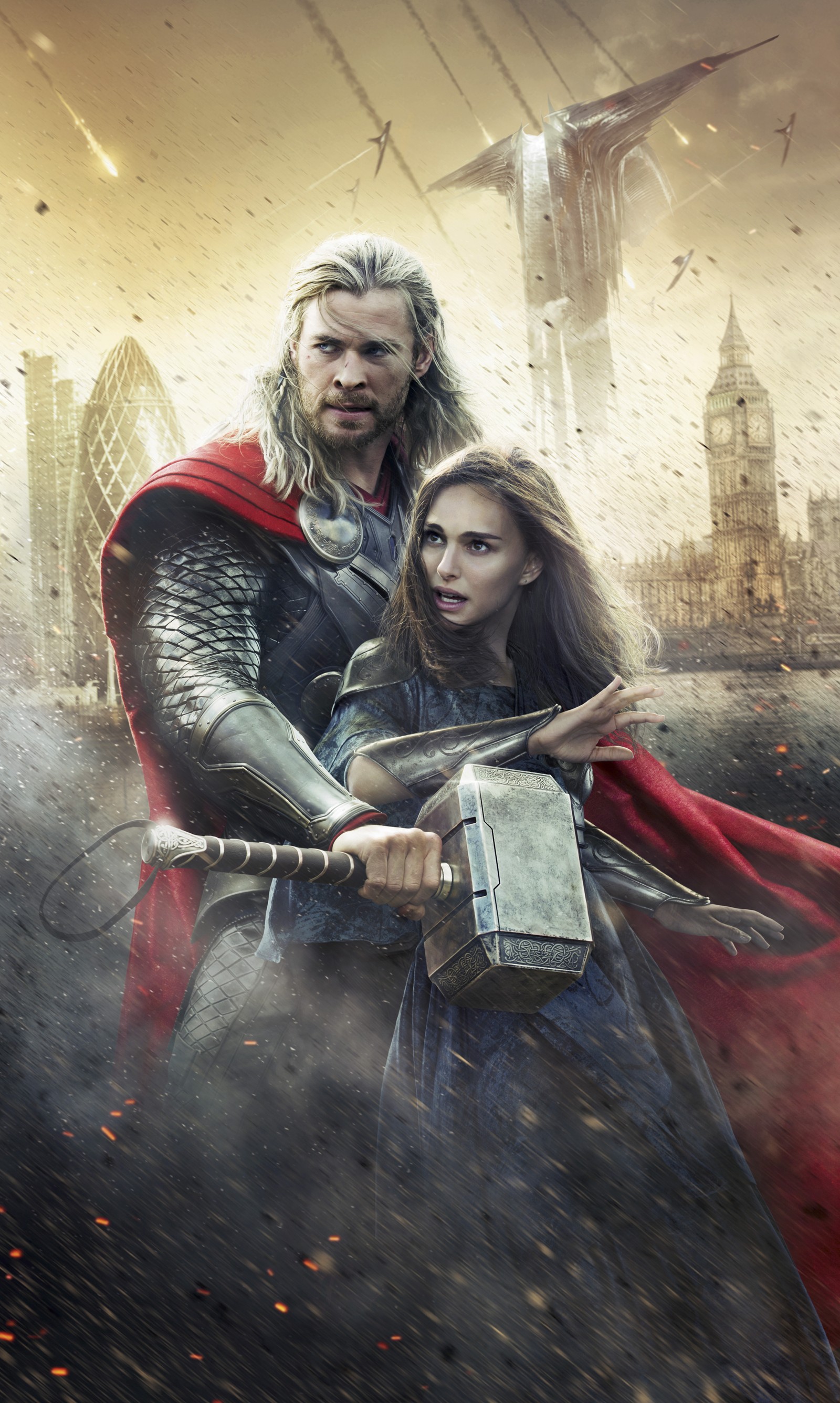 Thor and lady thor in a scene from the avengers (avengers, dark, god, london, marvel)