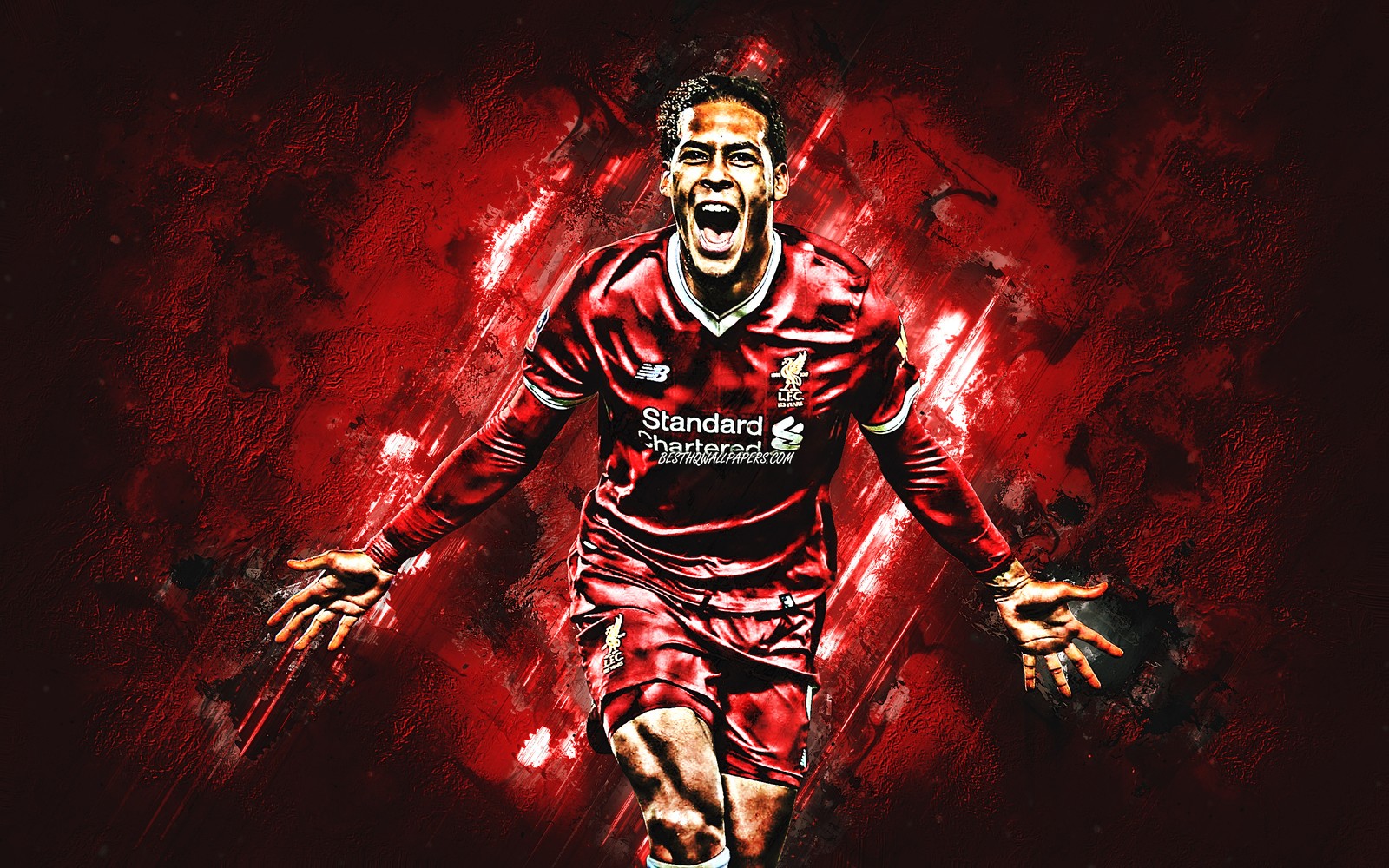 Une peinture d'un footballeur les bras écartés (néerlandais, liverpool fc, football, virgil van dijk)