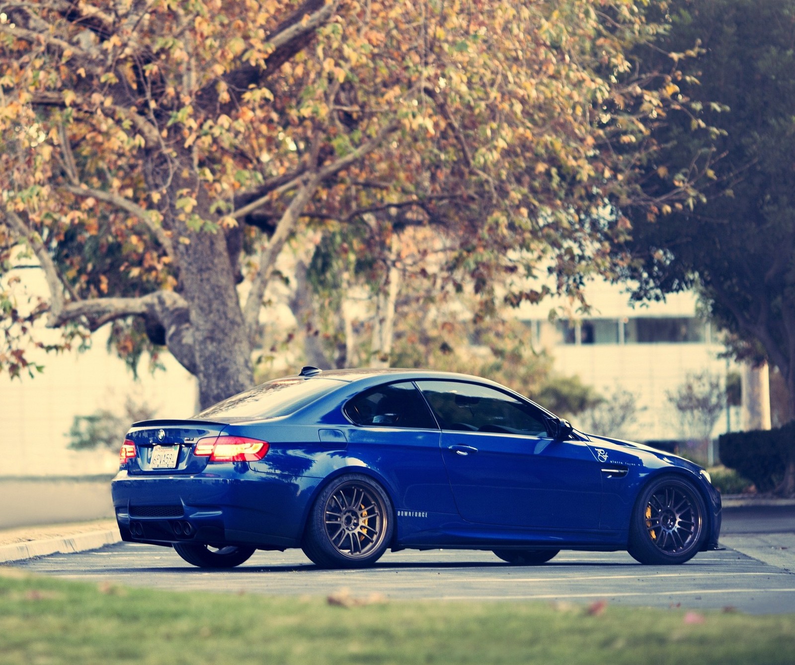 Hay un coche azul estacionado al lado de la carretera cerca de un árbol (bmw m3, coches)