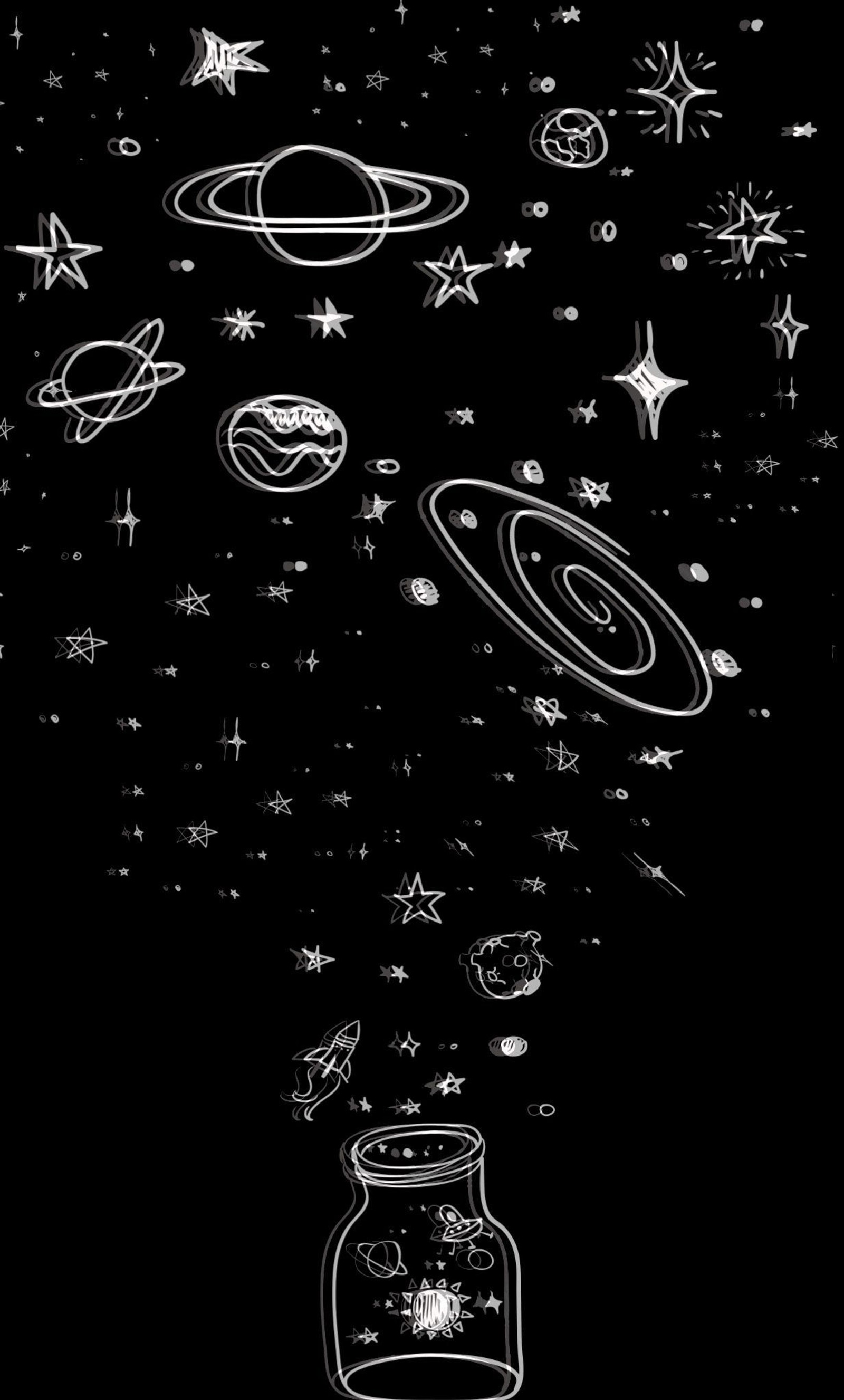 A black and white drawing of a jar with stars and planets (aesthetic, astronaut, black, dark, minimal)