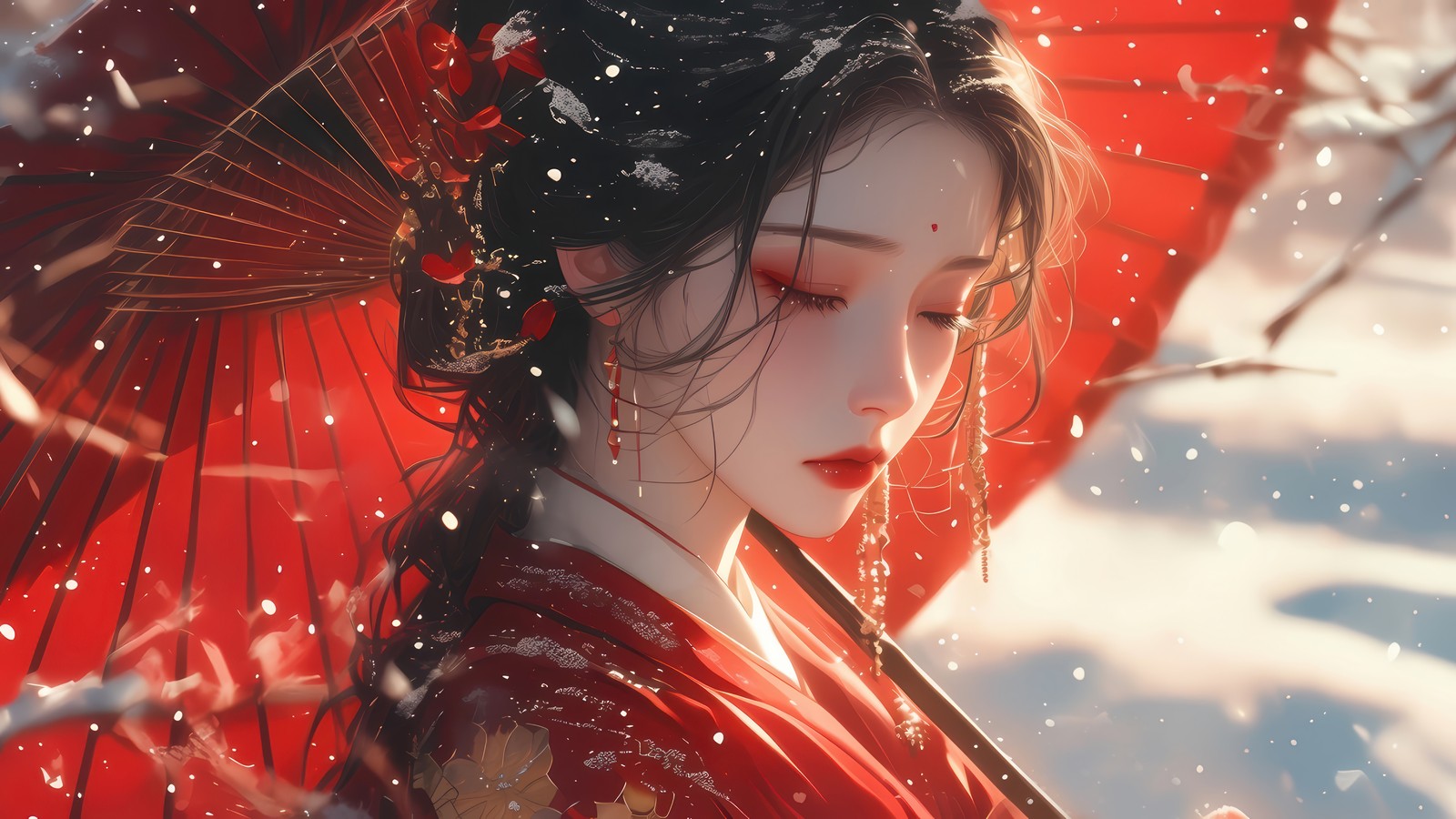 There is a woman in a kimono with an umbrella in the snow (fantasy, asian, girls)