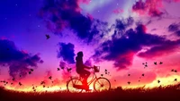 bicycle, boy, silhouette, sunset, clouds