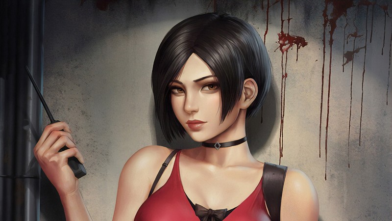 Крупный план женщины в красном топе, держащей нож (ада вонг, ada wong, resident evil 2, ремейк, видеоигра)