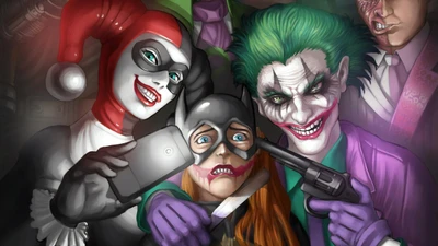 Harley Quinn et le Joker prennent un selfie tordu avec leur captif, mêlant humour et menace dans une illustration numérique vibrante.