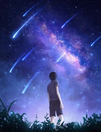 A young figure stands in a lush landscape, gazing up at a vibrant night sky filled with shooting stars and a luminous galaxy, capturing the wonder of the cosmos.