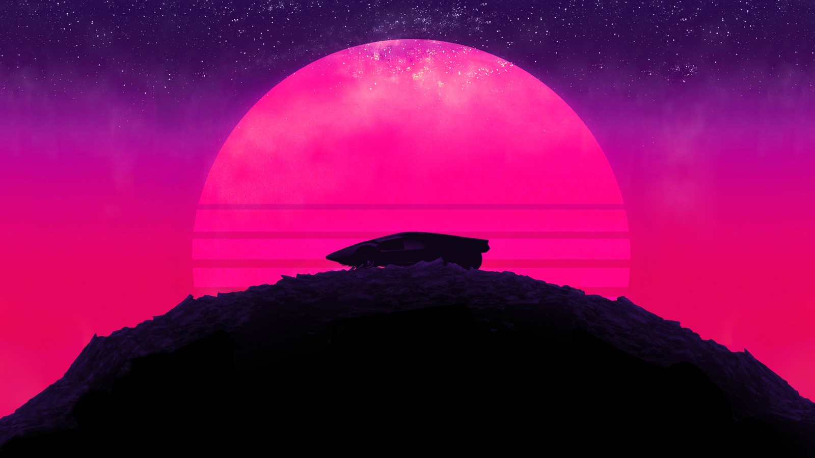 Un primer plano de una persona de pie en una colina con un cielo rosa (fondo de neón, atardecer, coches deportivos, synthwave, fondo rosa)