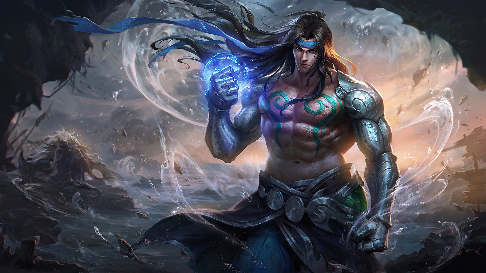 Un homme avec une lumière bleue dans une main et une épée dans l'autre (badang, guerrier tribal, peau, mobile legends, bang bang)