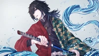 Giyuu Tomioka, der Wasser-Pfeiler, schwingt sein Schwert zwischen dynamischen Wellen und verkörpert das Wesen des "Wasseratmens" aus "Demon Slayer: Kimetsu no Yaiba.