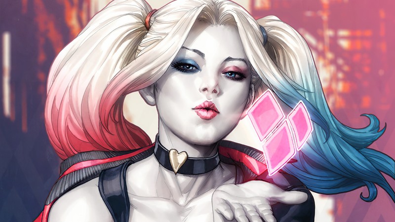 Крупный план женщины с мобильным телефоном в руке (harley quinn, dc comics, девочки, антигерой, комиксы)