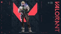 Personagem de Valorant em Deadlock com equipamento e arma de alta tecnologia