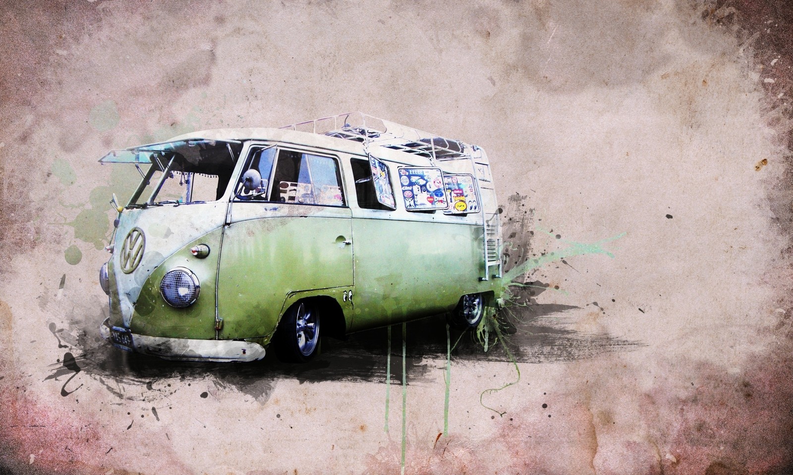 Pintura de uma van verde com uma prancha de surf em cima dela (volkswagen tipo 2, volkswagen type 2, carro, van, volkswagen)